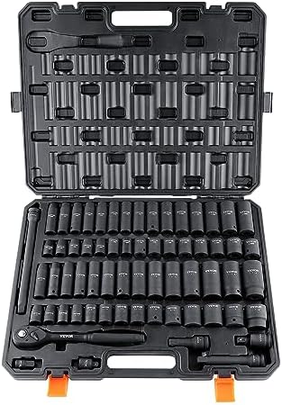 VEVOR 1/2" Drive Impact Socket Set, 65 Piece SAE 3/8" to 1-1/4" and Metric