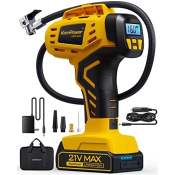 KeenPower Tire Inflator Portable Air Compressor - 2X Faster - 21V Rechargeable