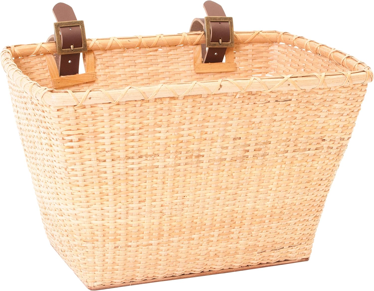 Cane Woven Rectangular Toto Basket with Authentic Leather Straps and Brass