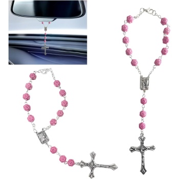 2PCS Pink Rosary Pendant Car Interior Rear View Mirror Charm Auto Decors, Medal