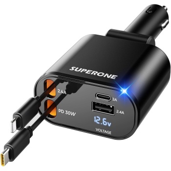 [Upgraded] SUPERONE Retractable Car Charger 4 in 1, Fast Car Phone Charger
