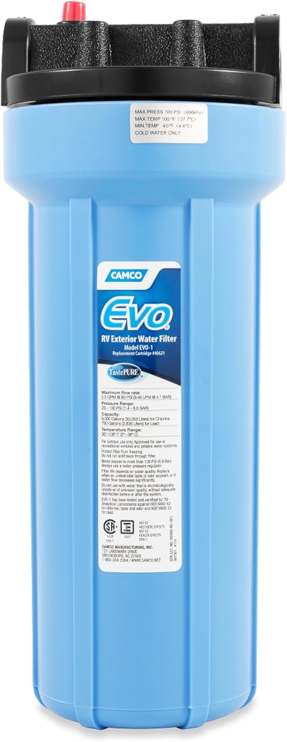 Camco Evo RV Water Filter - Features Granulated Activated Carbon for Bacteria