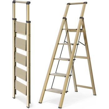 WOA WOA 5 Step Ladder, Ladders for Home, Anti-Slip Pedals, Aluminum Step Stool