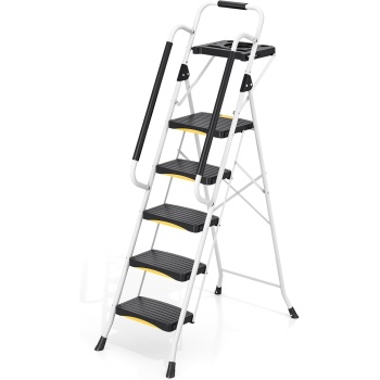 Urackify 5 Step Ladder with Tool Tray, Folding Steel Step Stool with Safety