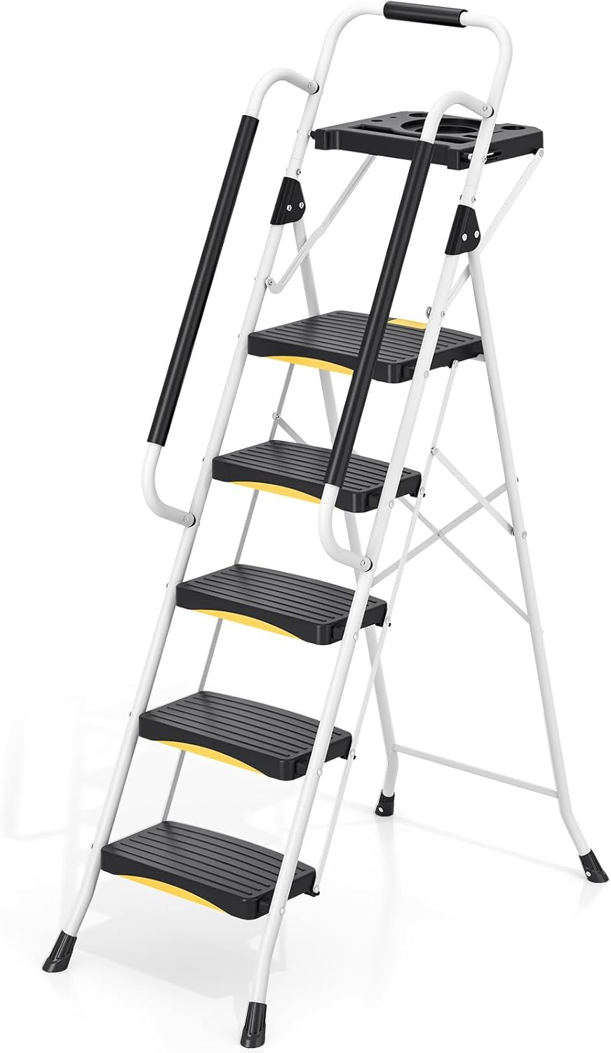 Urackify 5 Step Ladder with Tool Tray, Folding Steel Step Stool with Safety