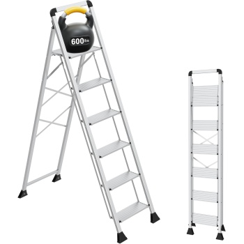 6 Step Aluminum Ladder with Wide Pedal and Handgrip, 600 lbs Capacity Heavy Duty