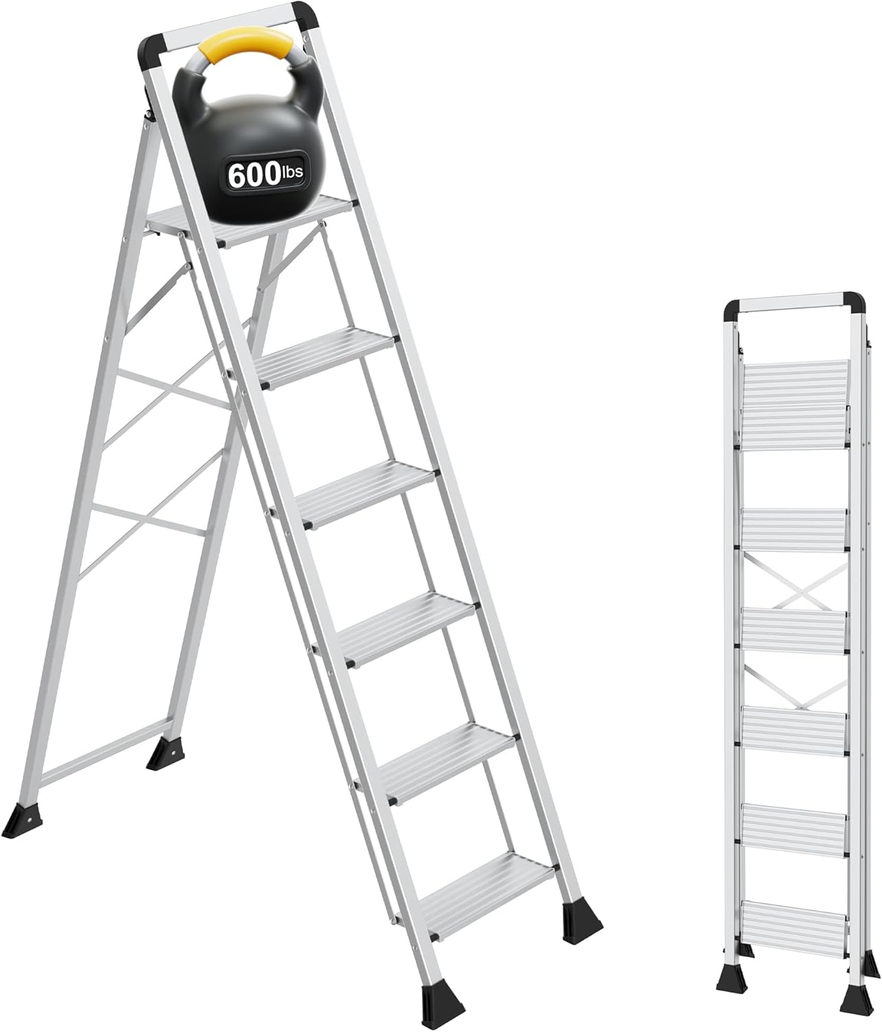 6 Step Aluminum Ladder with Wide Pedal and Handgrip, 600 lbs Capacity Heavy Duty