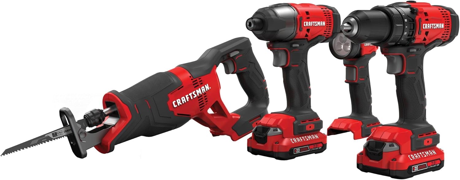 CRAFTSMAN V20 Cordless 4-Tool Power Tool Combo Kit with 2 Batteries and Charger