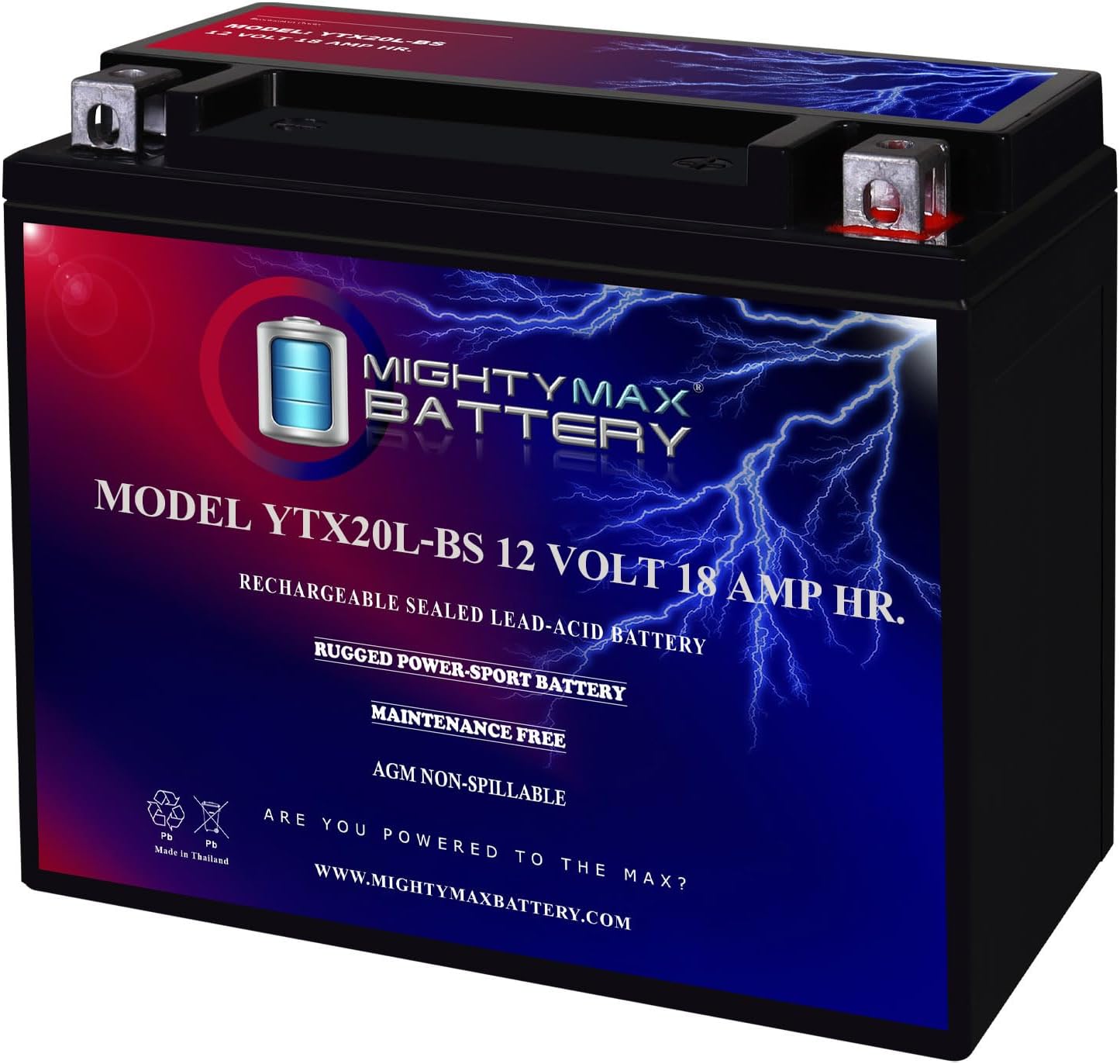 Mighty Max Battery YTX20L-BS - 12 Volt 18 AH, 270 CCA, Rechargeable Maintenance
