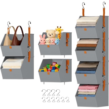 DIMJ Hanging Closet Organizer - 4 Tier Collapsible Hanging Shelves with Hooks