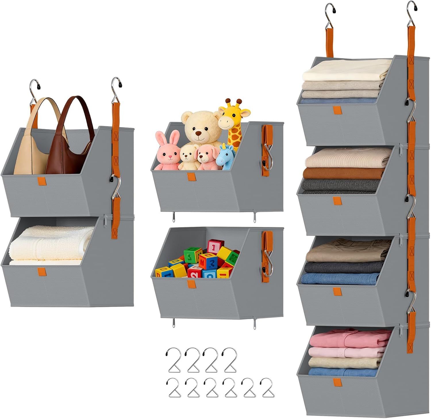 DIMJ Hanging Closet Organizer - 4 Tier Collapsible Hanging Shelves with Hooks