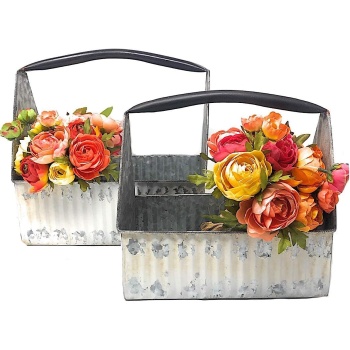 S/2 Decorative Metal Planter Tool Bucket Distressed Organizer Kitchen Garage