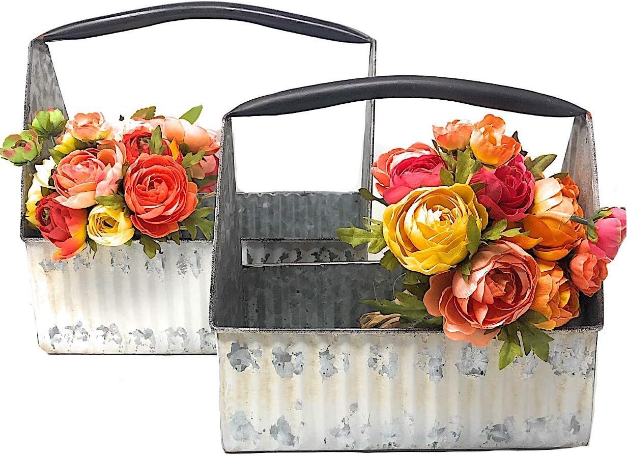 S/2 Decorative Metal Planter Tool Bucket Distressed Organizer Kitchen Garage