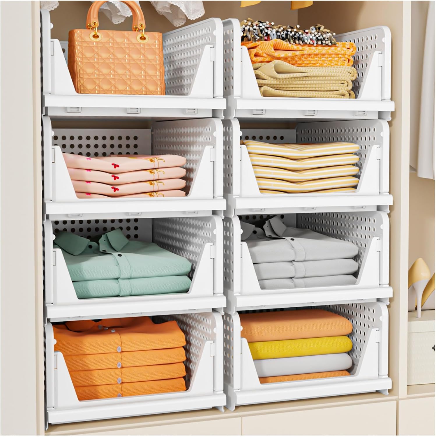 SNSLXH 5 Pack Stackable Closet Storage Basket, Multifunctional & Foldable Closet