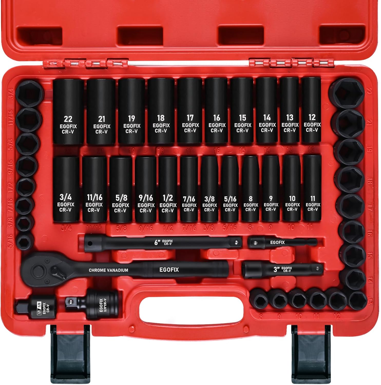 3/8" Drive Impact Socket Set, 50 Piece Standard SAE (5/16 to 3/4 inch)