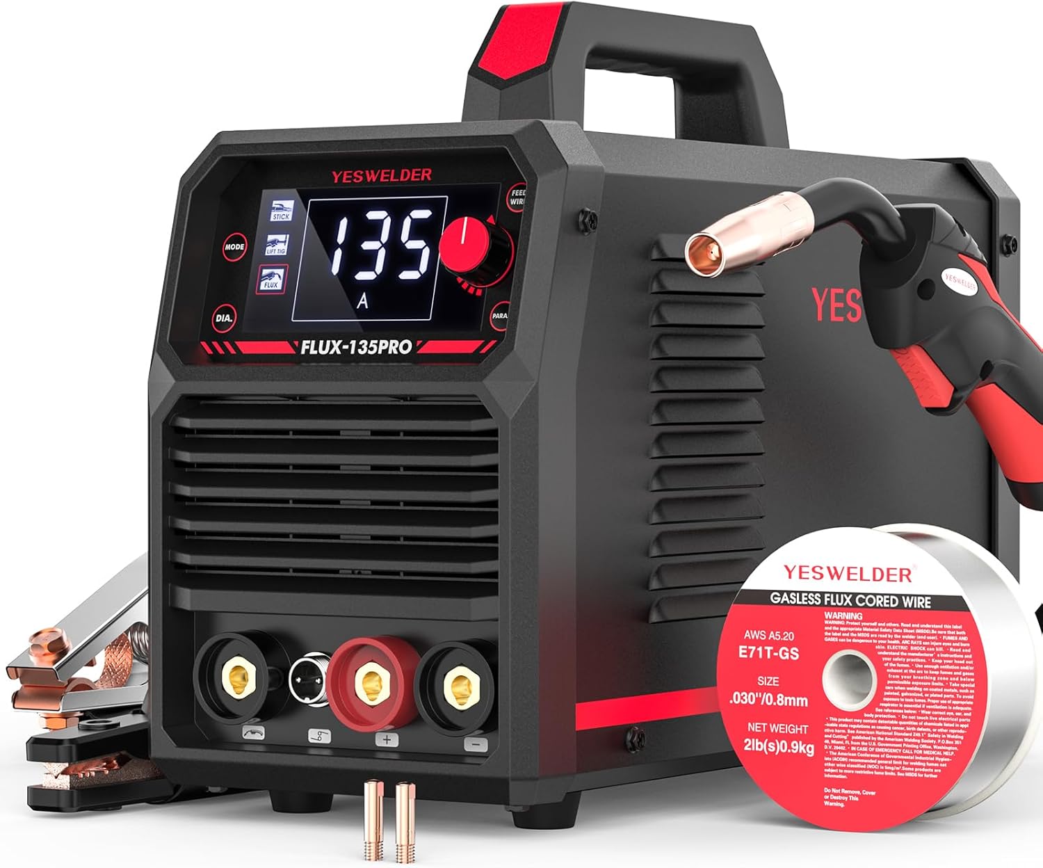 YESWELDER 135A MIG Welder, 110V Flux Core MIG/Lift TIG/Stick 3-in-1 Large LED