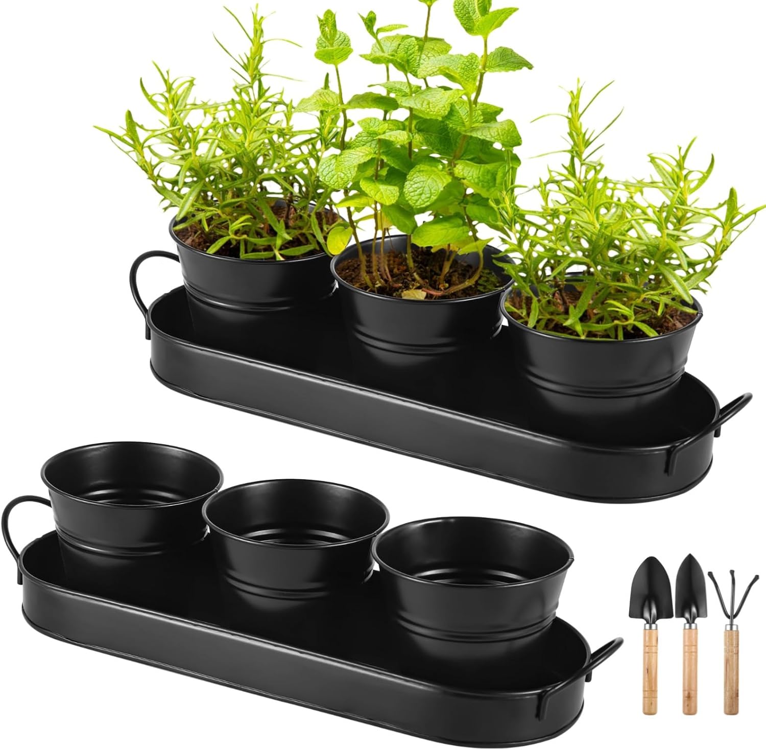 2 Sets Balcony with Trays & Garden Tools, Black Metal for Indoor/Outdoor Use