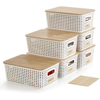 Bagnizer Small Plastic Storage Bins with Bamboo Lids 5.2qt Stackable Box Basket