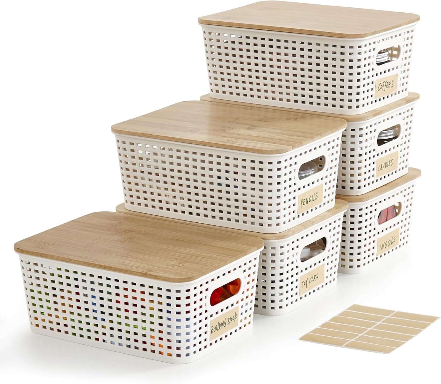 Bagnizer Small Plastic Storage Bins with Bamboo Lids 5.2qt Stackable Box Basket