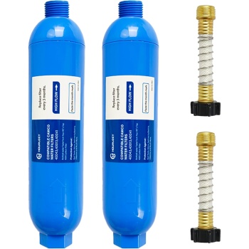 Hourleey 2 Pack RV Inline Water Filter with 2 Flexible Hose Protector, Reduce