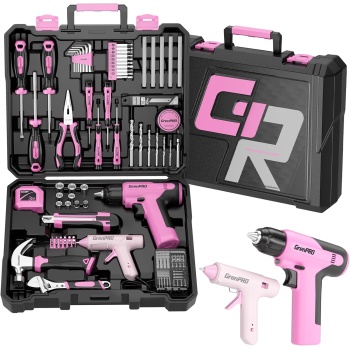 GRENPRO Pink Tool Set Drill Set, 188PCS Tool Kit For Home with Pink Cordless