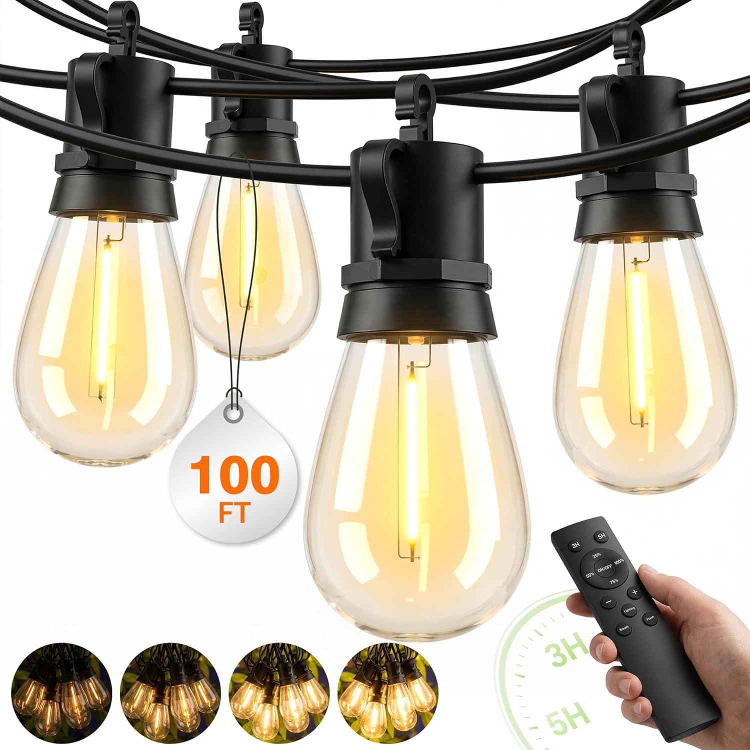 Outdoor String Lights LED Patio-Light - 100Ft Outside Waterproof Dimmable Porch