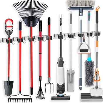 IMILLET 2 Pack Wall Mount Broom Holder Stainless Steel 5 Racks with 4 Hooks