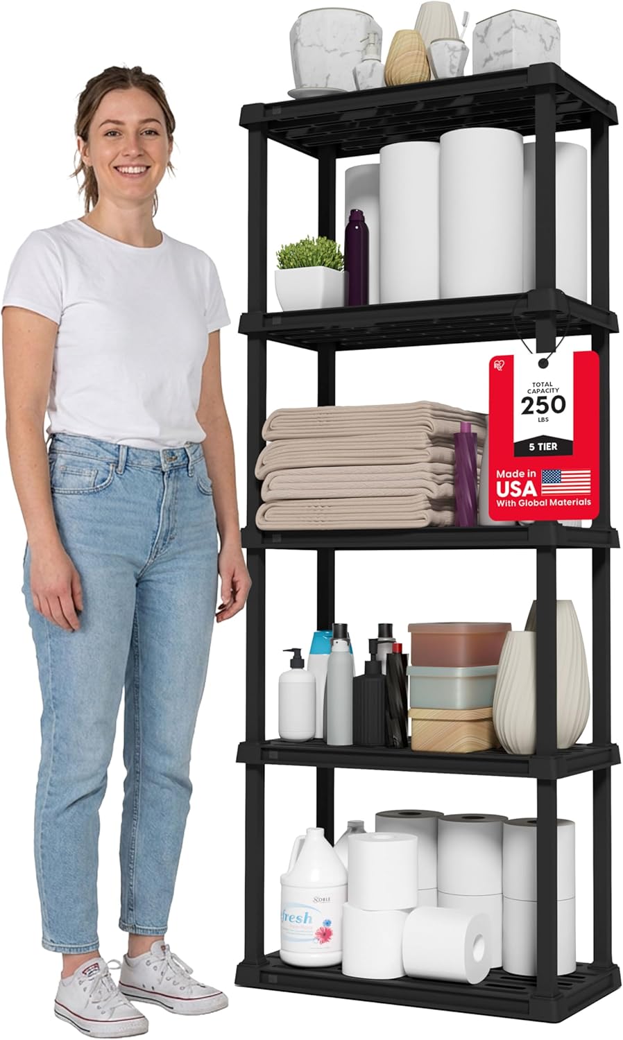 IRIS USA 5-Shelf Light Duty Plastic Storage Shelves, 250lb Capacity, 64" H x 24"
