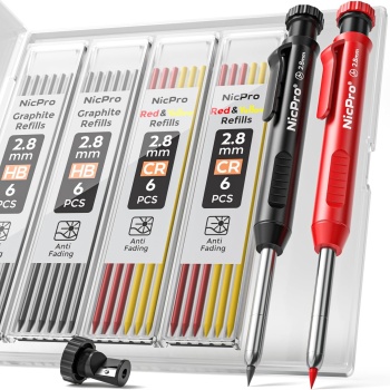 Nicpro Carpenter Pencil with Sharpener, Mechanical Pencils Set with 26 Refills