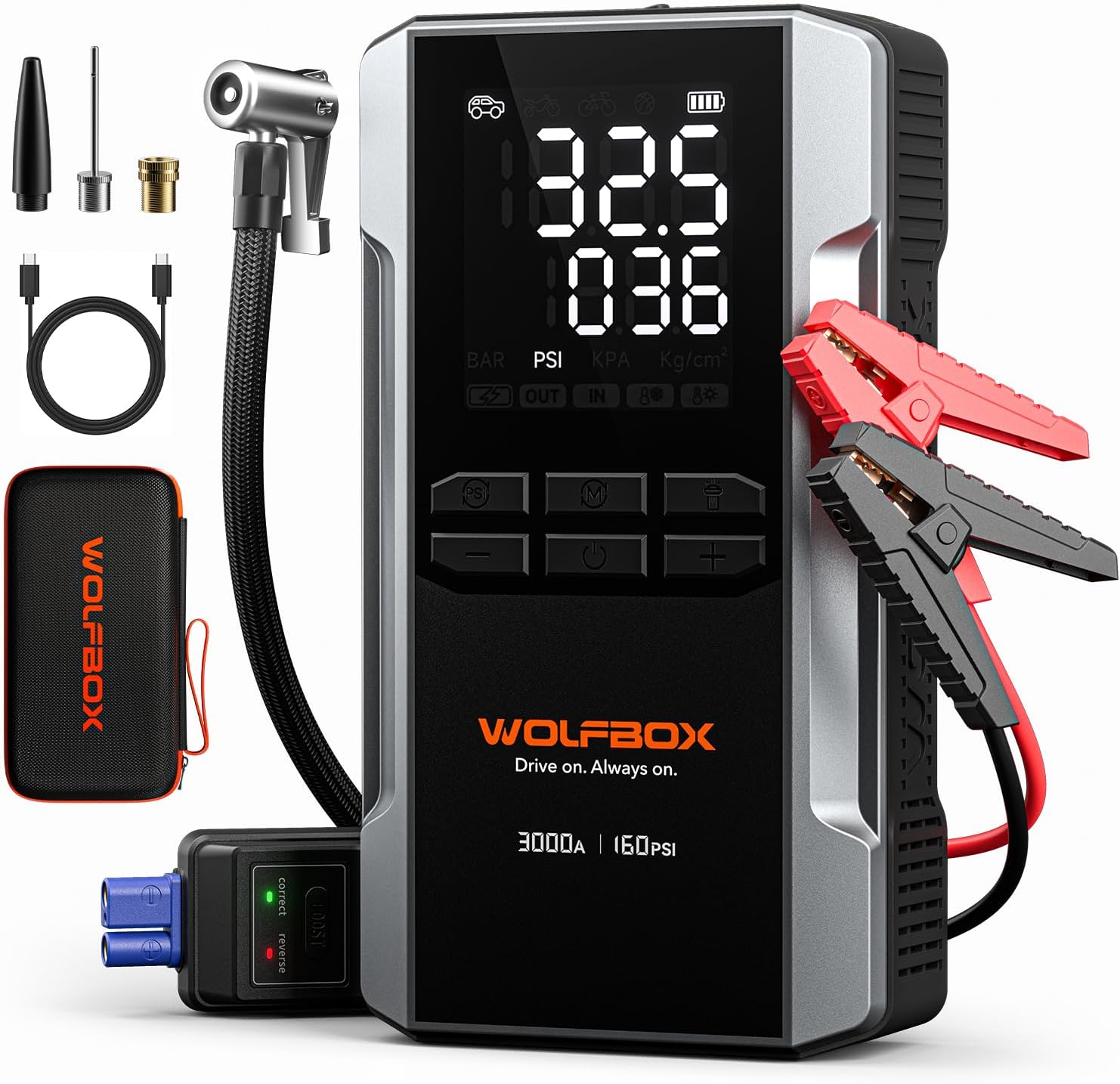 WOLFBOX 3000A Jump Starter with Air Compressor, 59.2Wh&160PSI Portable Car