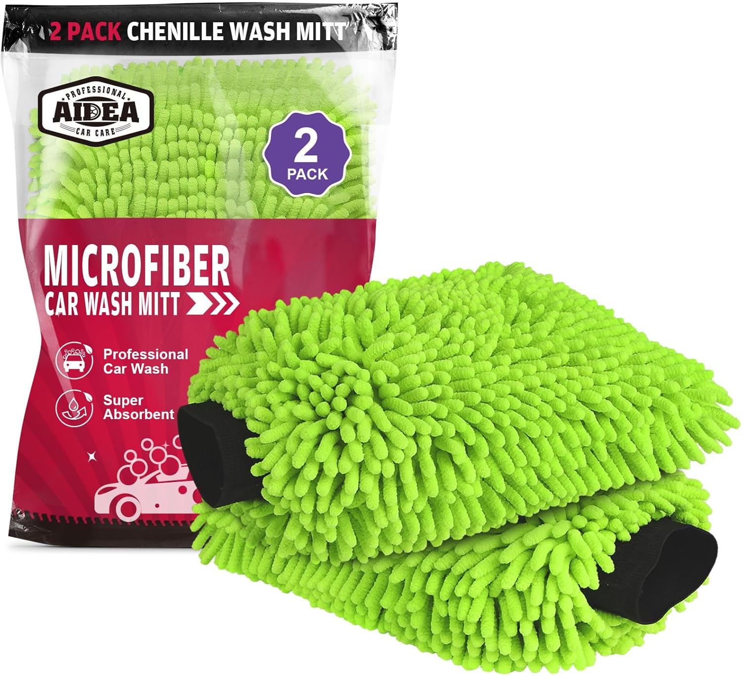 AIDEA Car Wash Mitt Microfiber, 2PK Scratch Free Lint-Free, Premium Chenille