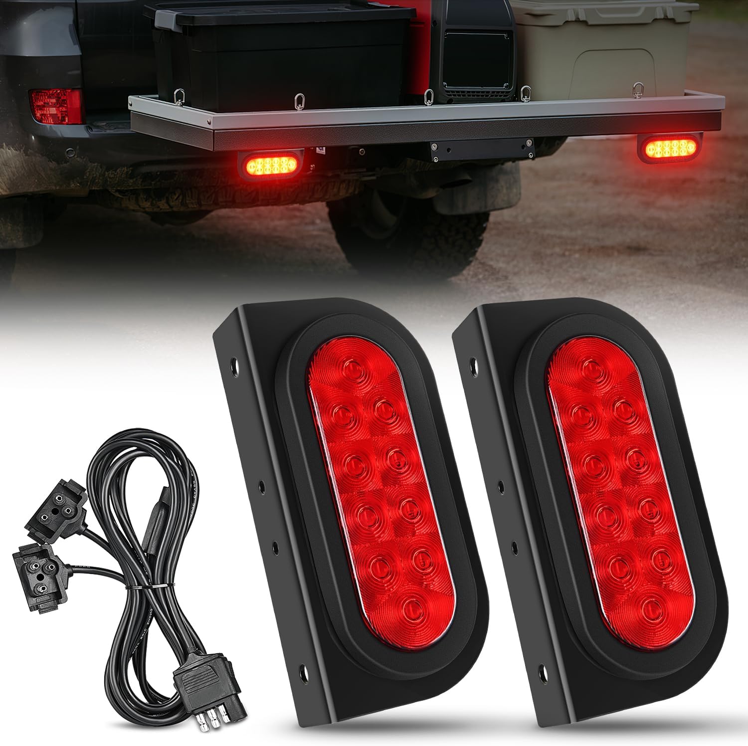 Nilight Hitch Cargo Carrier Oval Light Kit 2PCS 6Inch Red w/Flush Mount Grommet