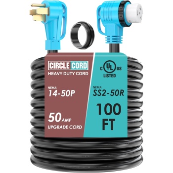 CircleCord UL Listed 50 Amp 100 Feet RV/Generator Cord with 90° Right Angle