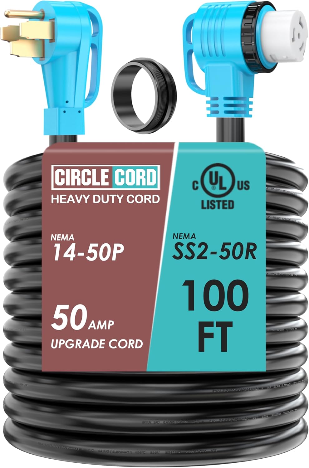 CircleCord UL Listed 50 Amp 100 Feet RV/Generator Cord with 90° Right Angle
