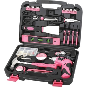 Apollo Tools 135 Piece Household Pink Hand Tools Set with Pivoting Dual-Angle