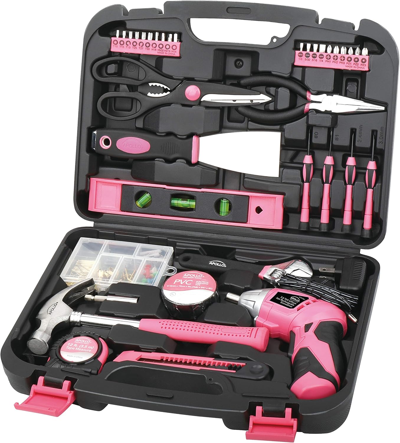 Apollo Tools 135 Piece Household Pink Hand Tools Set with Pivoting Dual-Angle