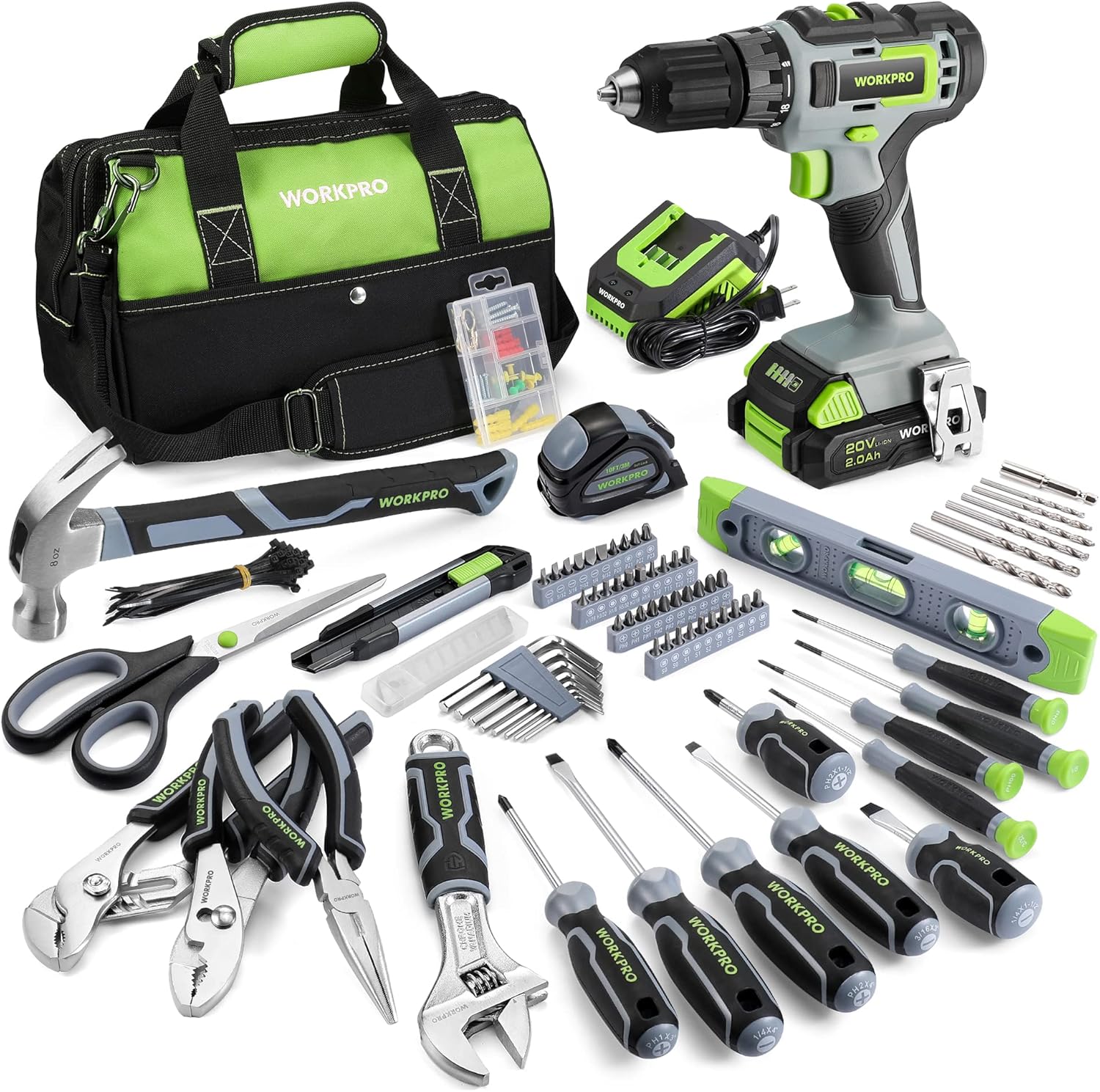 WORKPRO Home Tool Set with 20V Cordless Lithium-Ion Drill Driver, Household