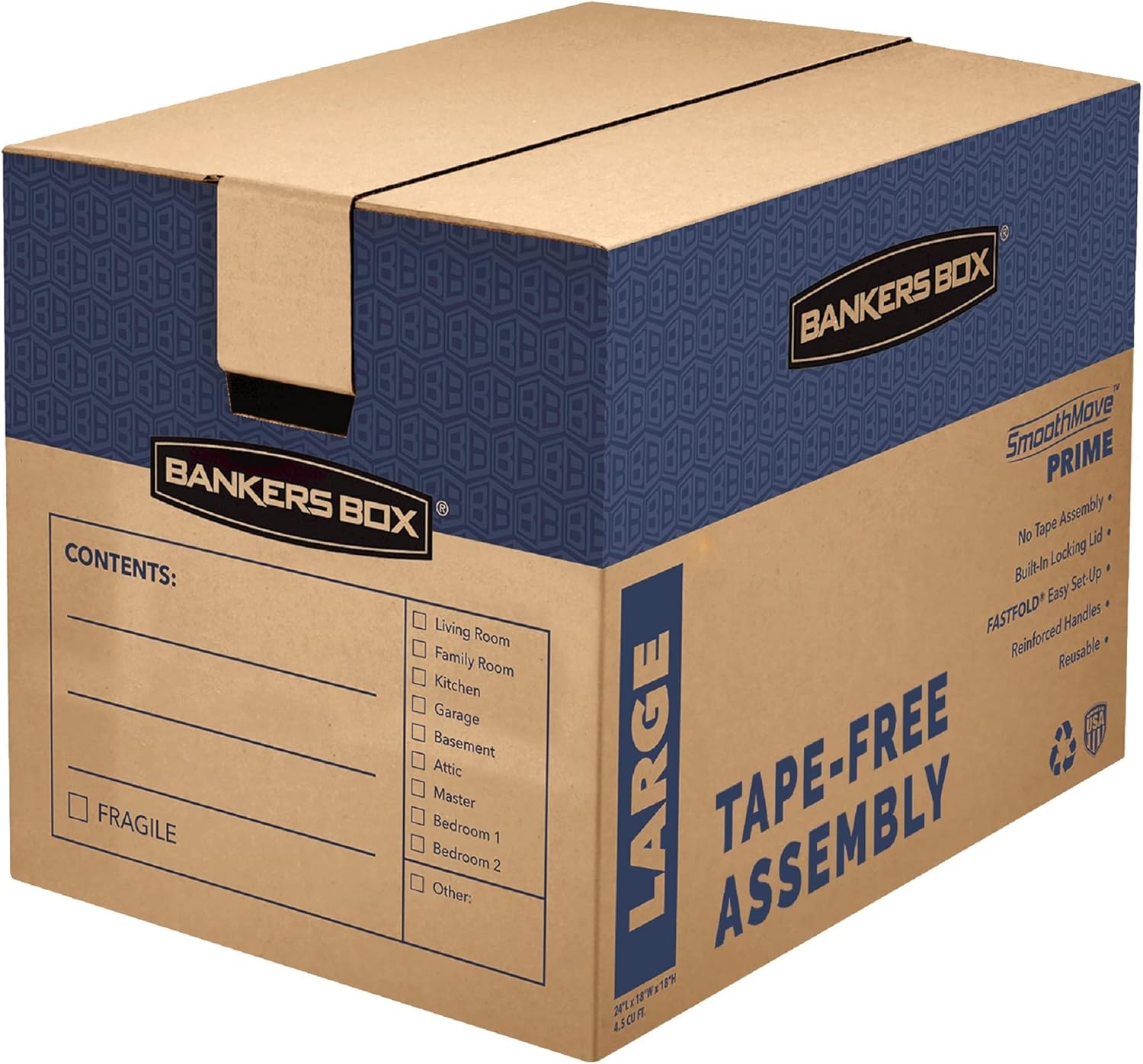 Bankers Box Large Prime Moving Box 6 Pack, Reinforced Handles, Tape-Free