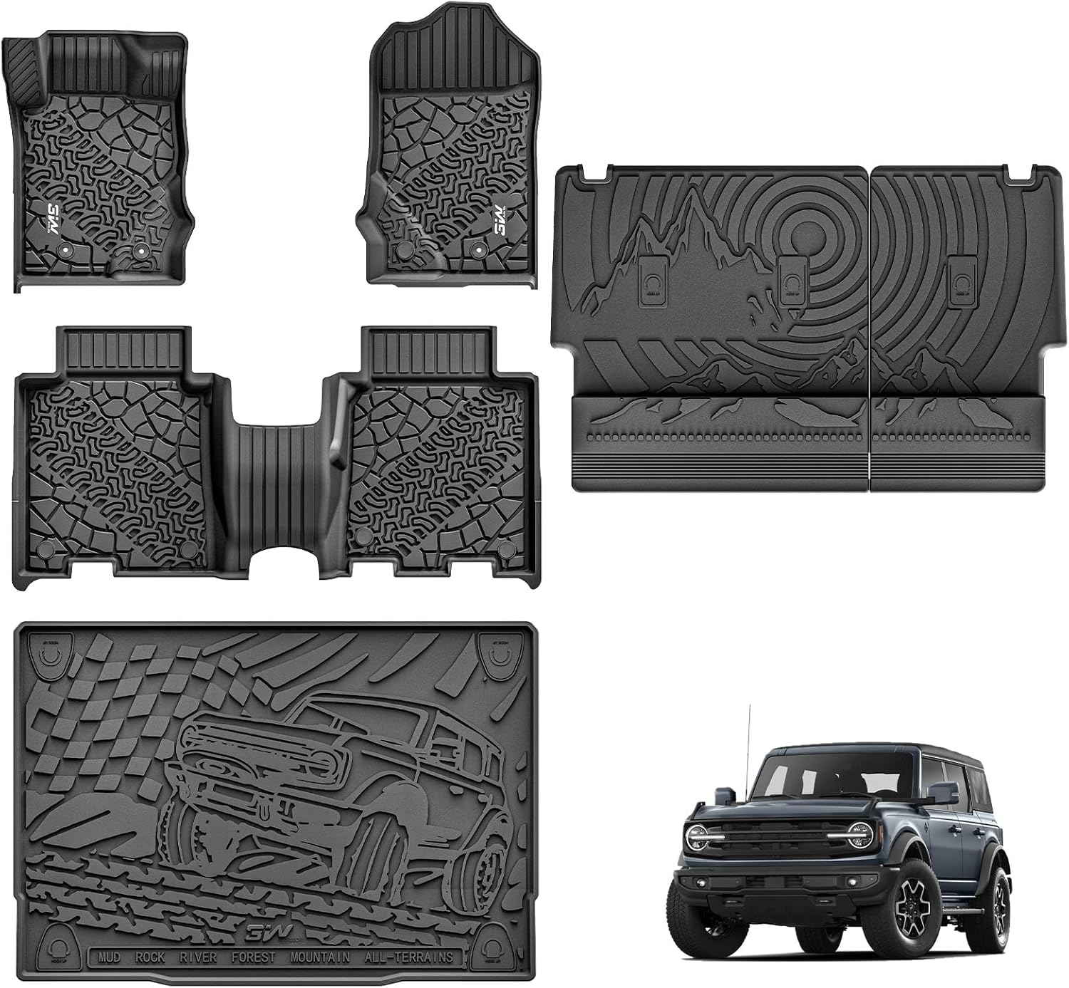 3W Ford Bronco Floor Mats & Cargo Liner & Back Seat Cover Custom Fit