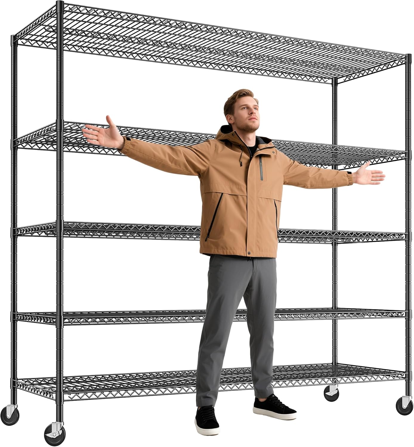 REIBII 85.7"H Garage Shelving 2998LBS Storage Shelves with Wheels&Feet,5 Tier