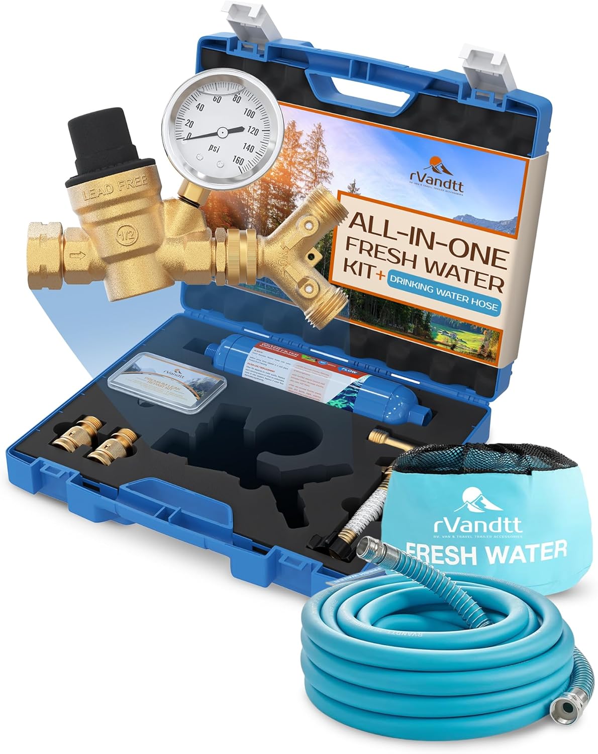 RV Fresh Water Kit w/Drinking Hose - RV Water Pressure Regulator, Filter, Hose