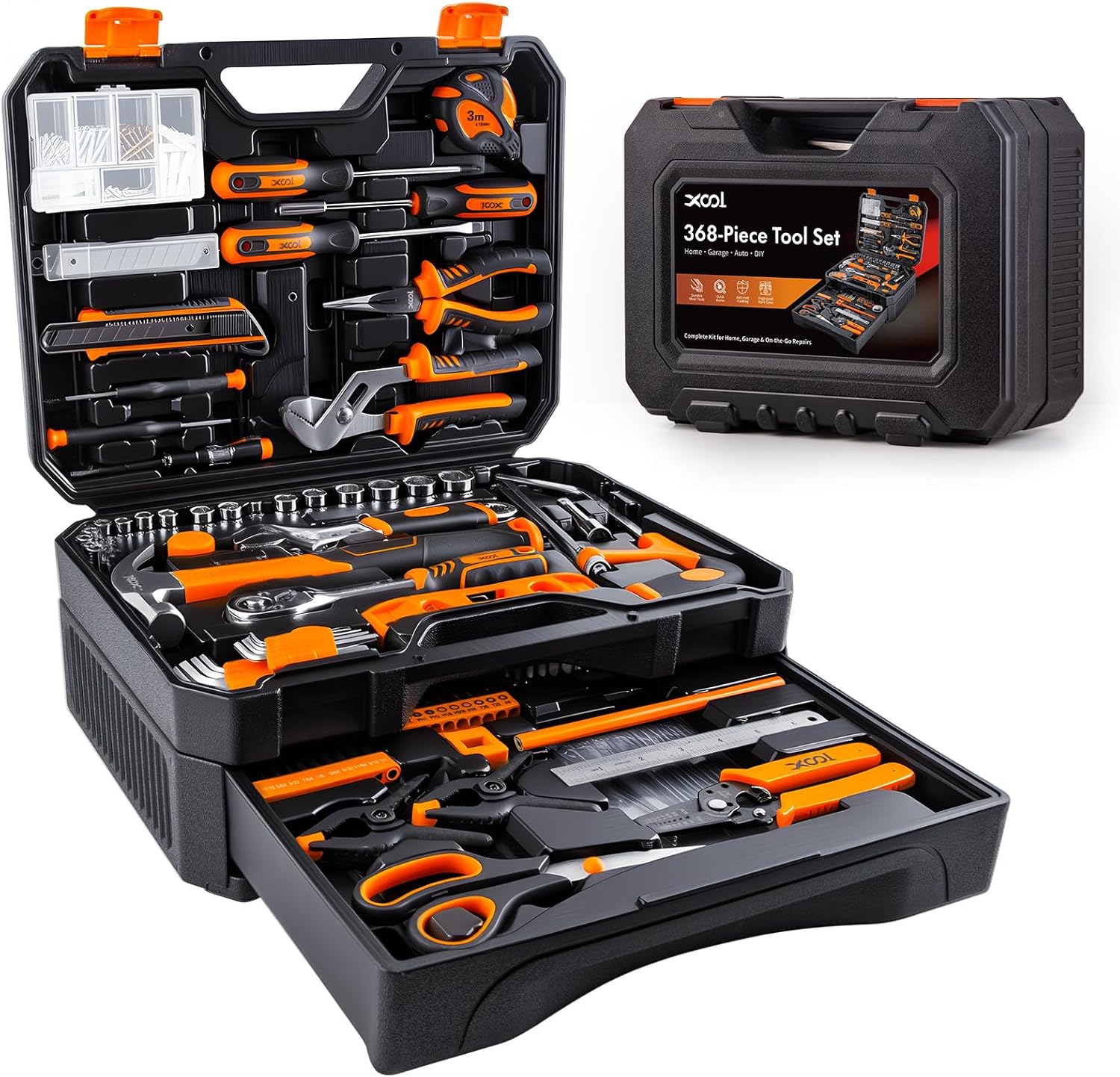 XOOL 368 Piece Home Repair Tool Kit with Drawer Toolbox, Includes Hammer