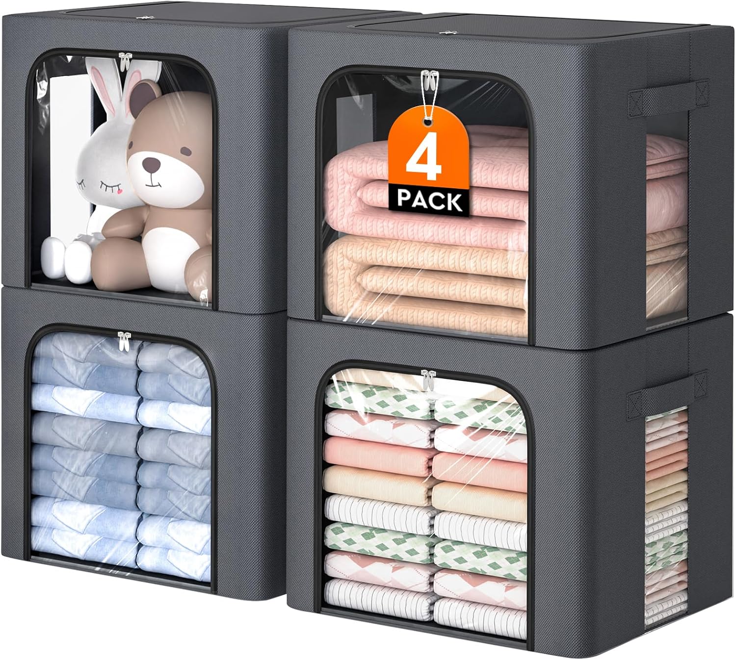 4 Pack Clothes Storage Bins with Metal Frame, 40L Foldable Fabric Storage Boxes