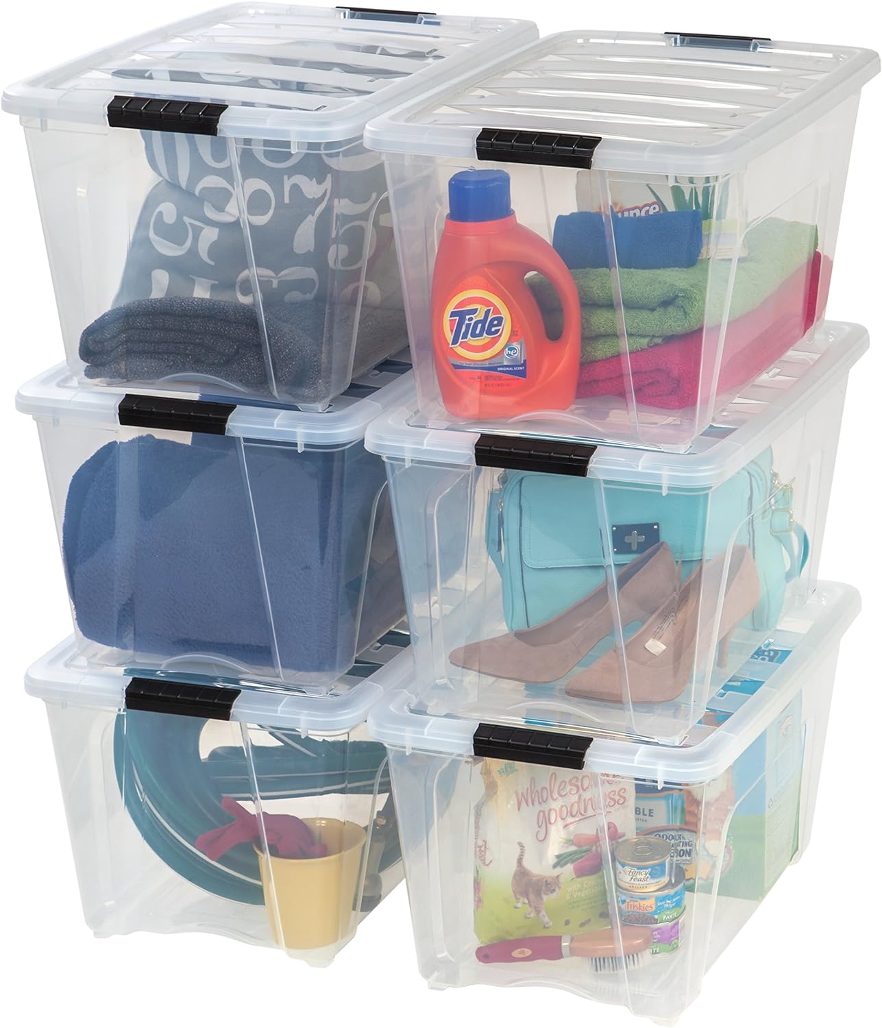 IRIS USA 54 Qt Stackable Plastic Storage Bins with Lids, 6 Pack - BPA-Free, Made