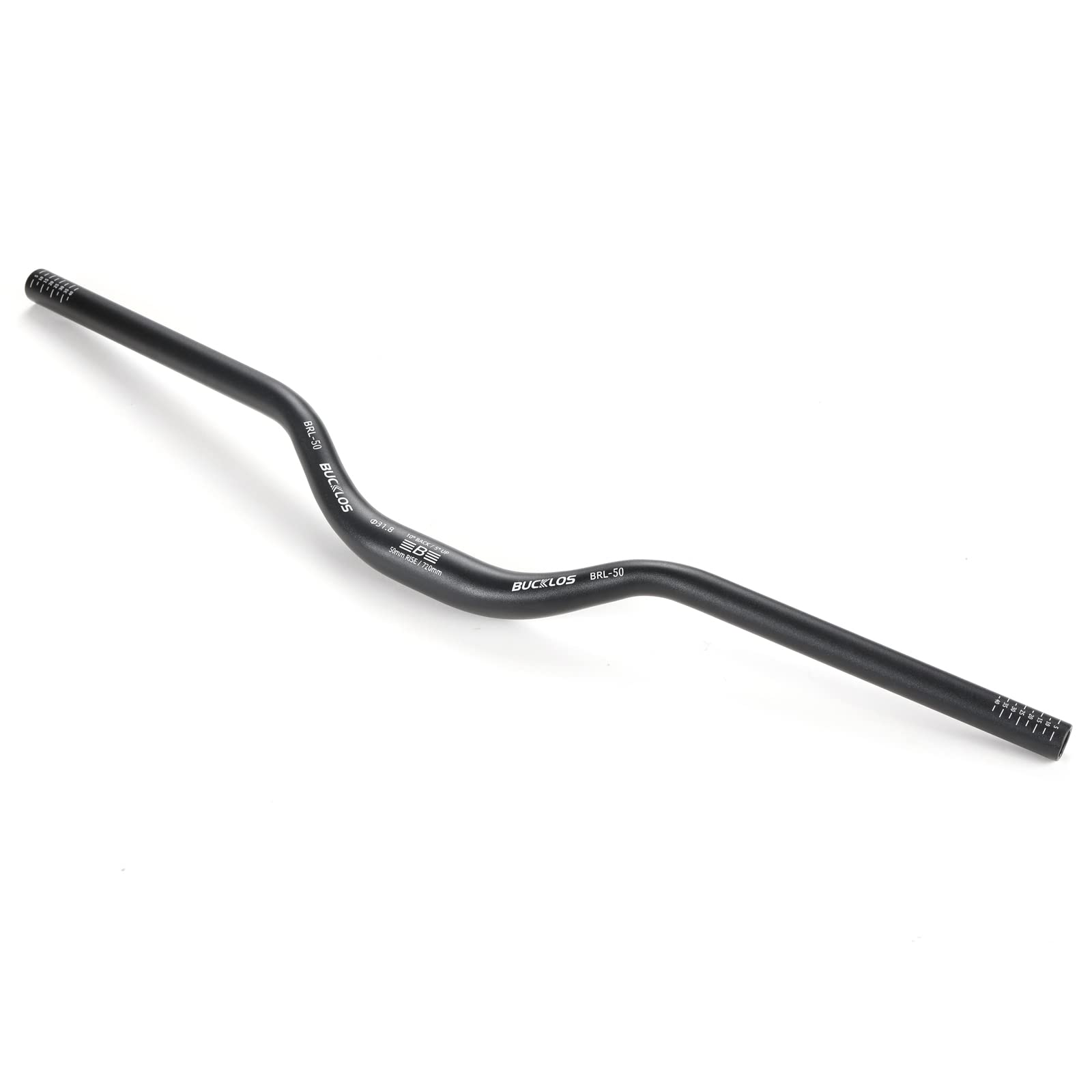 BUCKLOS 31.8mm Mountain Bike Handlebars 720mm - 50mm Rise MTB Handlebar | 6061 aluminum alloy, hard anodized & CNC bent, 31.8mm clamp, 720mm width, cut marks for width adjust for MTB/folding/ebike