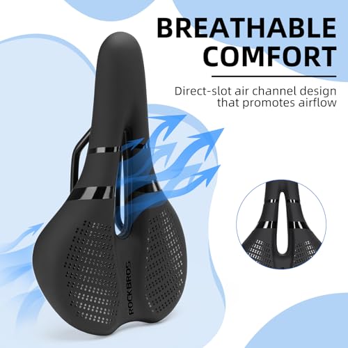 ROCKBROS Bike Seat for Men Women, Waterproof Ergonomic Bicycle Saddle | Waterproof PU, dense foam, airflow channel, marked rails, 262g weight and 220 lb capacity fit road, MTB and folding bikes.