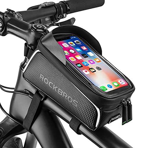 ROCKBROS Bike/Bicycle Phone Front Frame Bag, Waterproof, Tube Cycling Pouch | E-Bike Accessories for Men Women Compatible Phone Under 7” Straps Fit All Frames
