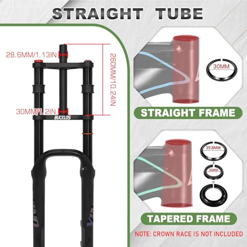 BUCKLOS 20×4.0 Fat Tire Ebike Air Front Suspension Fork, 9x135mm QR | 180mm Travel, Double Shoulder, Straight Steerer, Electric Bike, MTB, Snow, Beach