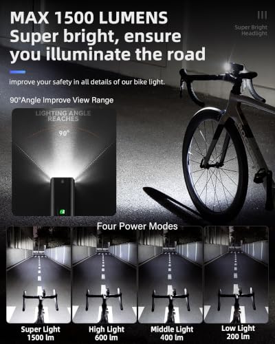 ROCKBROS 1500/1000 Lumens Bike Light Bright Bicycle Headlight Front Light | Super Bright LED Bike Light for Night Riding, USB Rechargeable, IPX6 Waterproof, 5 Modes, Suitable for Road Mountain e bikes