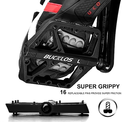 BUCKLOS Mountain Bike Pedals MTB Pedals Large Flat with Anti-Slip Adult | Bicycle Road Bike Wide Strong Grip Platform Pedal for Gravel/ Ebike/Hybrid Bikes/Beach Cruiser/Folding/BMX 9/16″ Nylon Black